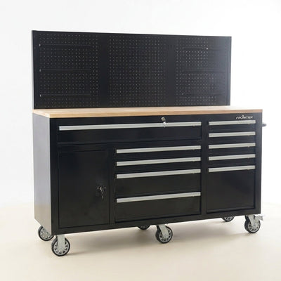 Mobile Tool Chest Workbench Built for Heavy-Duty Storage, 10 Drawers, 62 Inch Width, Pegboard Back Wall