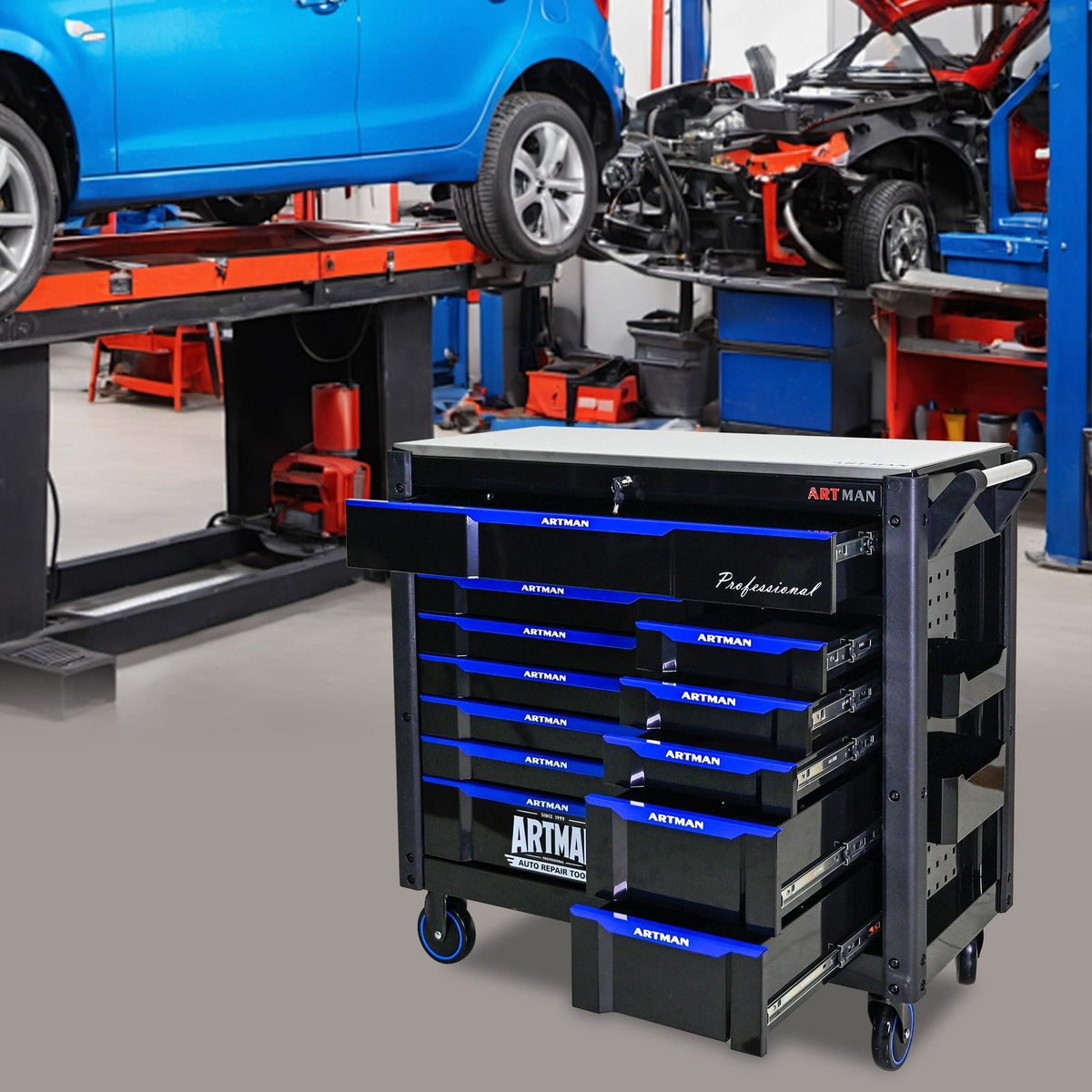 ARTMAN 12-Drawer Multi-Purpose Tool Cart with Wheels, Iron Top, Black and Blue