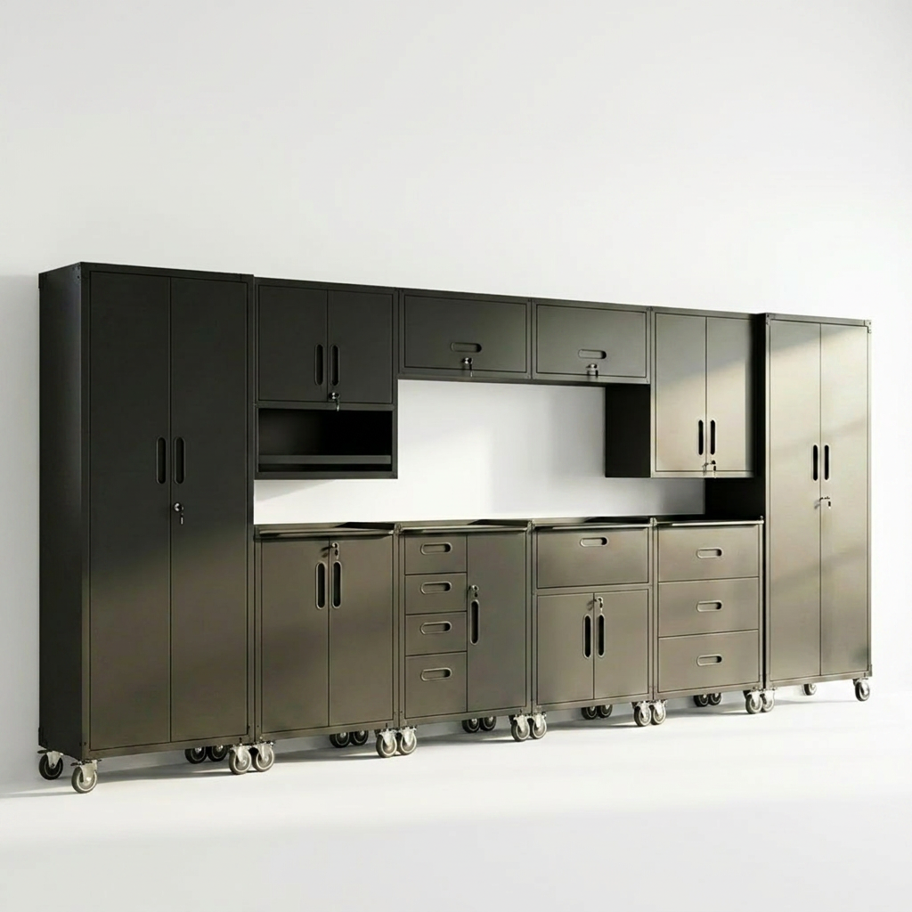 10-Piece Heavy Duty Steel Garage Cabinet System | All-In-One Modular Garage Cabinet Set for Ultimate Workshop Organization | Easy Assembly Garage Storage Cabinets & Tool Bench (Black) — Studio Shot