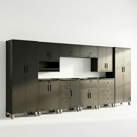 10-Piece Heavy Duty Steel Garage Cabinet System | All-In-One Modular Garage Cabinet Set for Ultimate Workshop Organization | Easy Assembly Garage Storage Cabinets & Tool Bench (Black) — Studio Shot