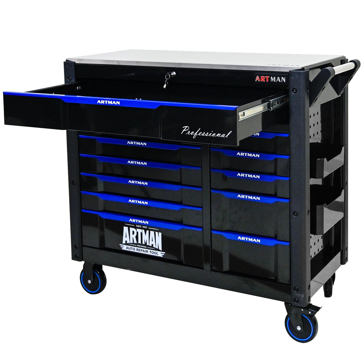 ARTMAN 12-Drawer Multi-Purpose Tool Cart with Wheels, Iron Top, Black and Blue