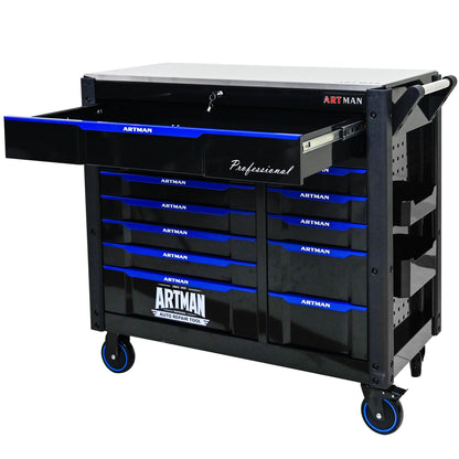 ARTMAN 12-Drawer Multi-Purpose Tool Cart with Wheels, Iron Top, Black and Blue