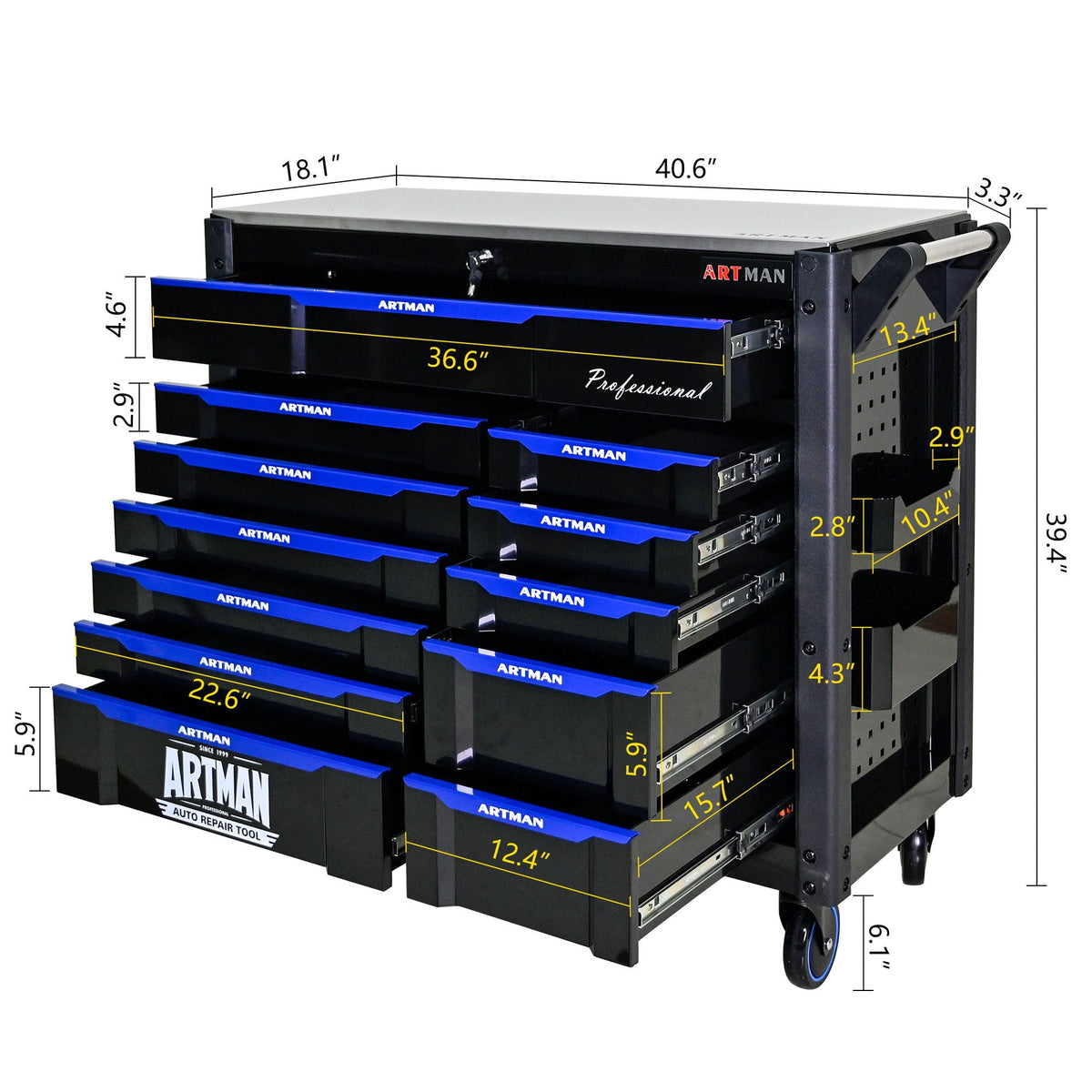 ARTMAN 12-Drawer Multi-Purpose Tool Cart with Wheels, Iron Top, Black and Blue
