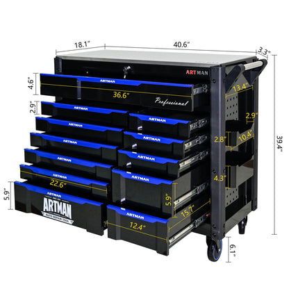 ARTMAN 12-Drawer Multi-Purpose Tool Cart with Wheels, Iron Top, Black and Blue