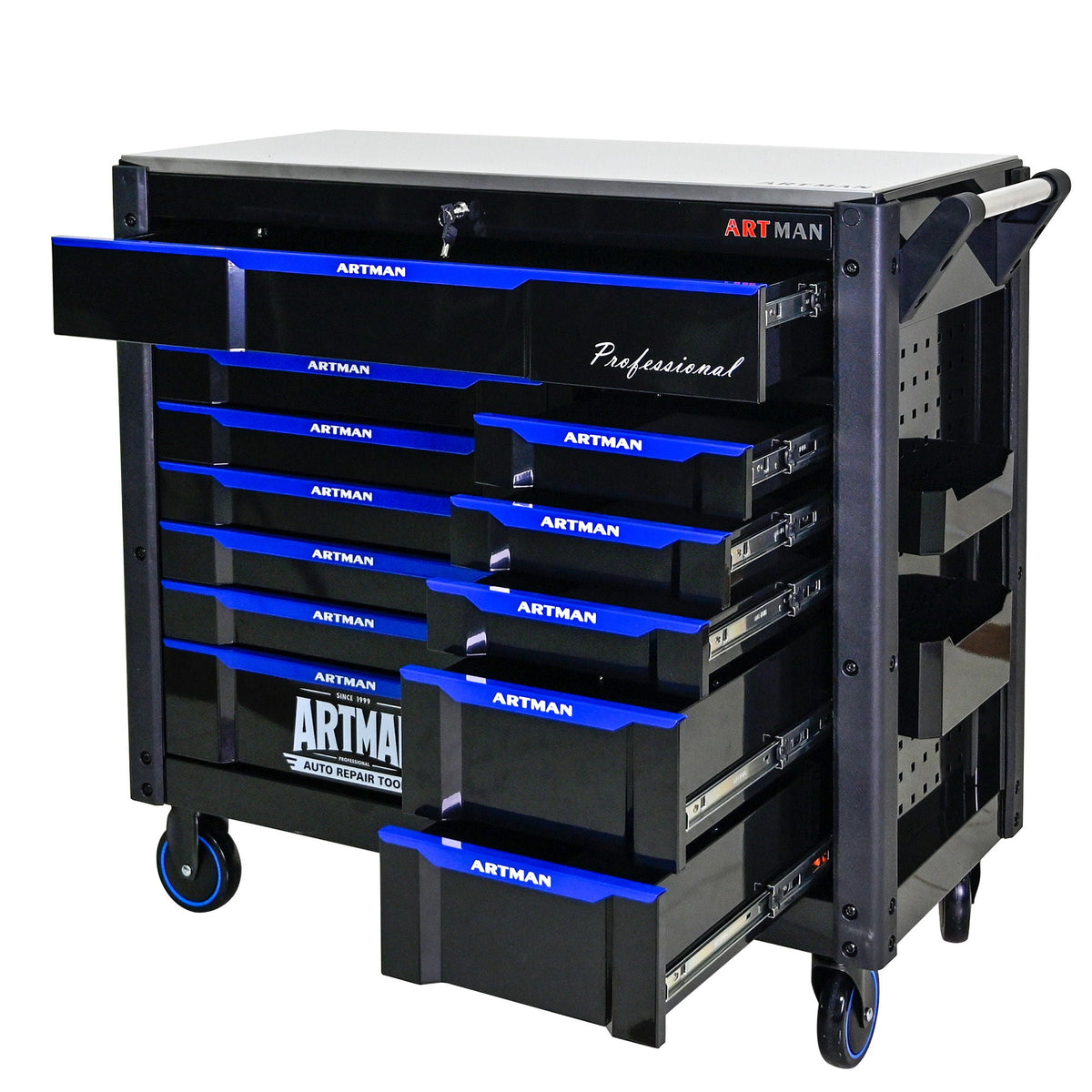 ARTMAN 12-Drawer Multi-Purpose Tool Cart with Wheels, Iron Top, Black and Blue