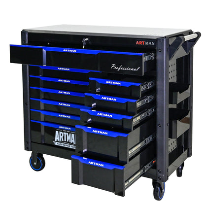 ARTMAN 12-Drawer Multi-Purpose Tool Cart with Wheels, Iron Top, Black and Blue