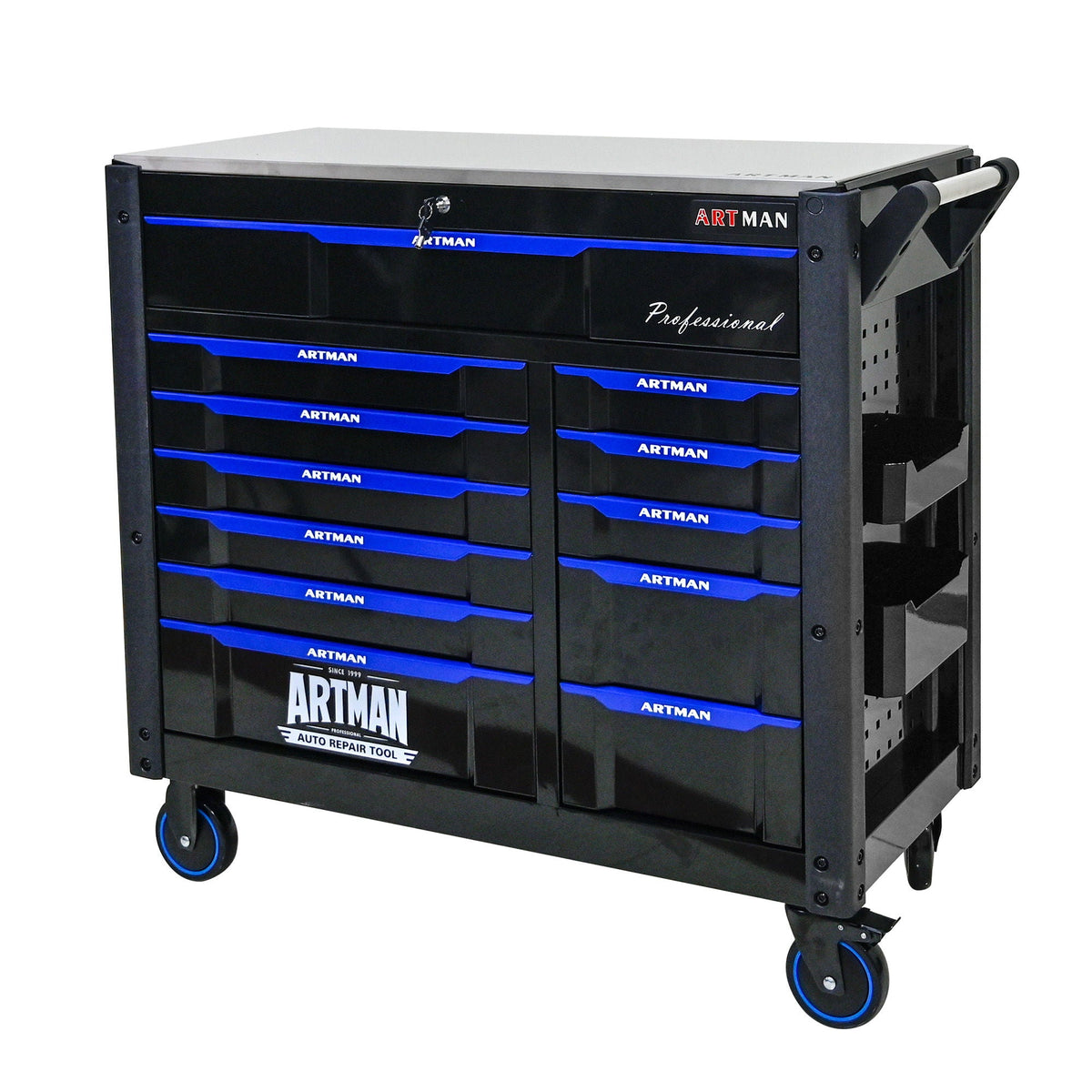 ARTMAN 12-Drawer Multi-Purpose Tool Cart with Wheels, Iron Top, Black and Blue