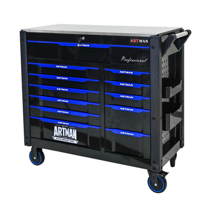 ARTMAN 12-Drawer Multi-Purpose Tool Cart with Wheels, Iron Top, Black and Blue
