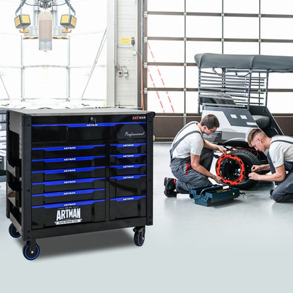 ARTMAN 12-Drawer Multi-Purpose Tool Cart with Wheels, Iron Top, Black and Blue