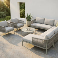 6-Piece Aluminum Patio Furniture Set, Olefin Rope Modern Outdoor Conversation Set Sectional Sofa with Water Repellent Thick Cushions and Coffee Table for Balcony, Garden, Light Grey — Studio Shot