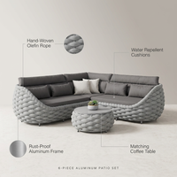 6-Piece Aluminum Patio Furniture Set, Olefin Rope Modern Outdoor Conversation Set Sectional Sofa with Water Repellent Thick Cushions and Coffee Table for Balcony, Garden, Light Grey — infographic