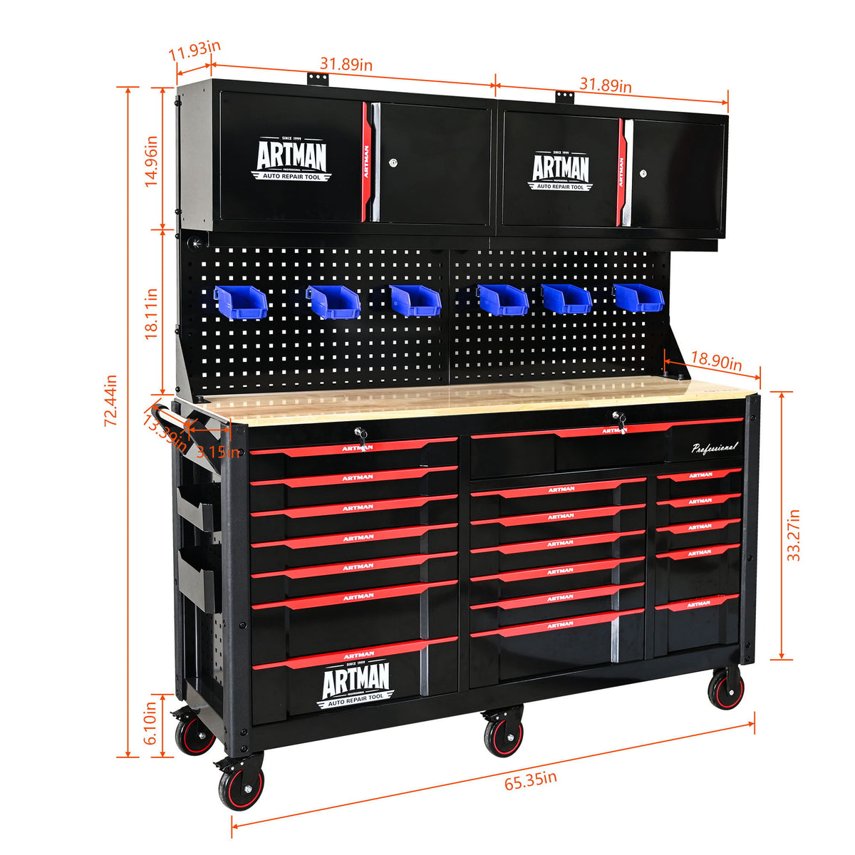 ARTMAN 19-Drawer Heavy-Duty Mobile Tool Cart, Black and Red
