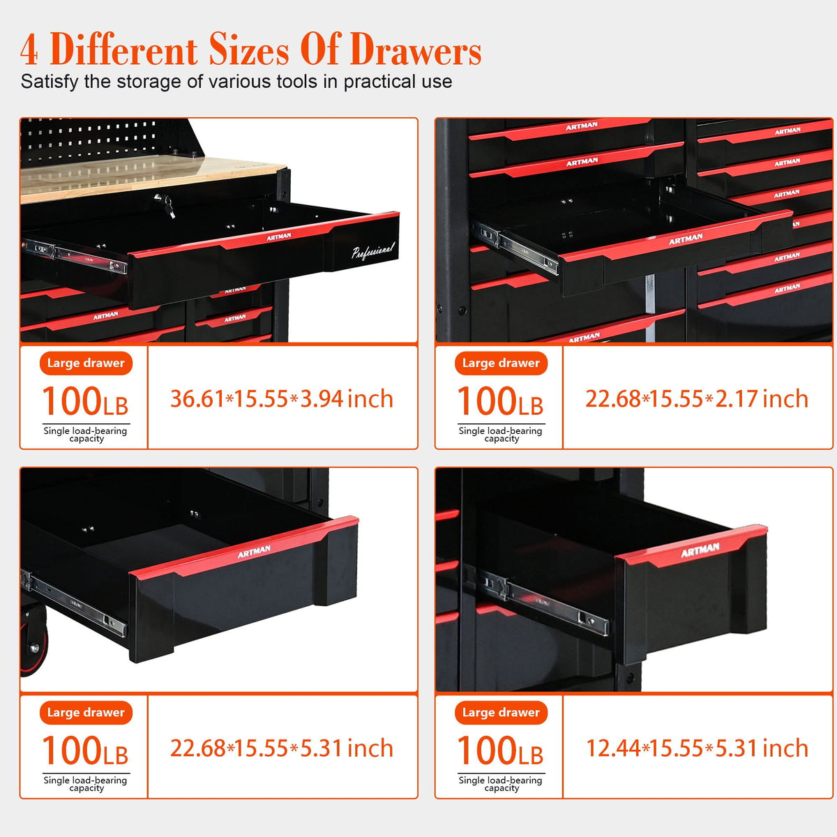 ARTMAN 19-Drawer Heavy-Duty Mobile Tool Cart, Black and Red