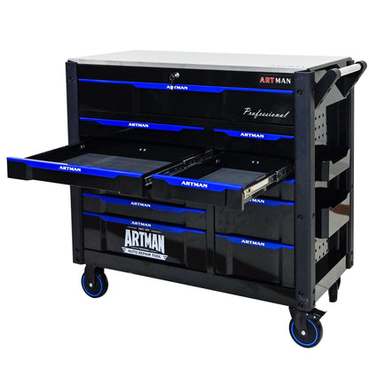 ARTMAN 12-Drawer Multi-Purpose Tool Cart with Wheels, Iron Top, Black and Blue