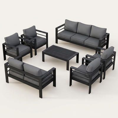 Aluminum Patio Furniture Set Built for All-Weather Use, 7-Piece Metal Outdoor Set, Waterproof Covers, 5-Inch Cushions