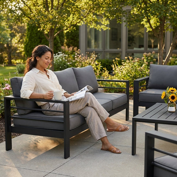 Aluminum Patio Furniture Set Built for All-Weather Use, 7-Piece Metal Outdoor Set, Waterproof Covers, 5-Inch Cushions