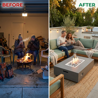 Concrete Fire Pit Table Built for Year-Round Use, Rectangular Shape, Ceramic Wind Guard, Multi-Functional Design — Before & After