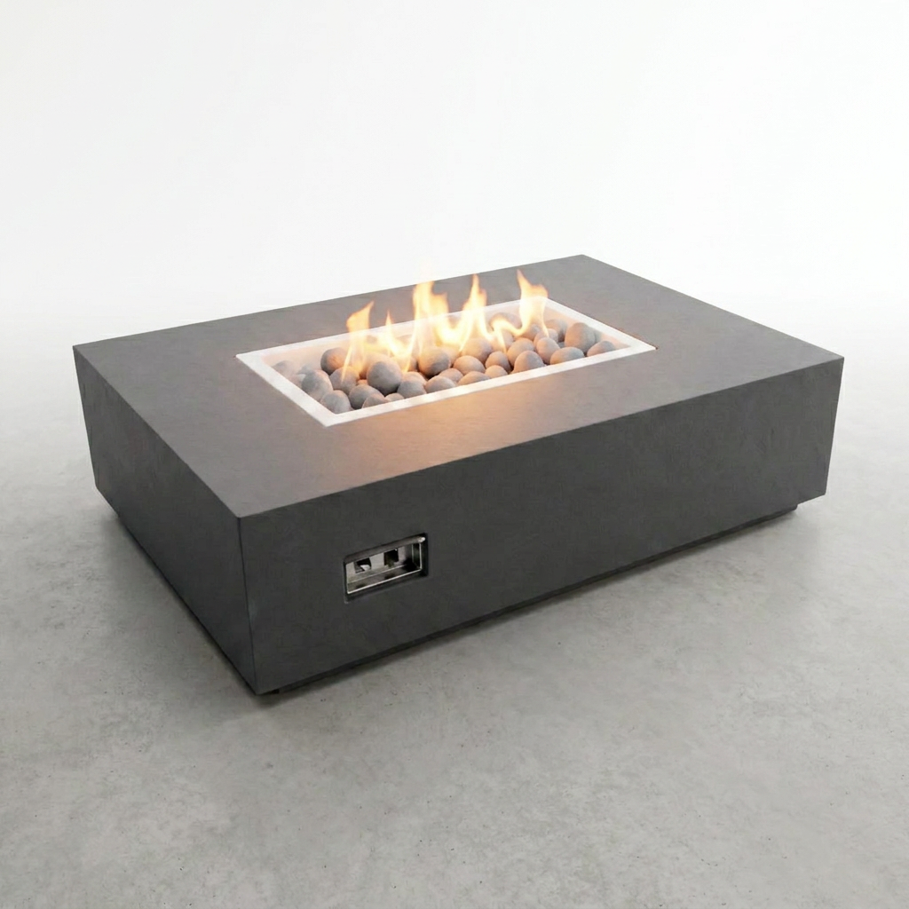 Concrete Fire Pit Table Built for Year-Round Use, Rectangular Shape, Ceramic Wind Guard, Multi-Functional Design — Studio Shot