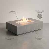 Concrete Fire Pit Table Built for Year-Round Use, Rectangular Shape, Ceramic Wind Guard, Multi-Functional Design — infographic