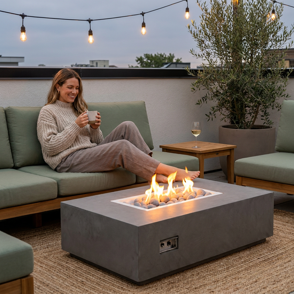 Concrete Fire Pit Table Built for Year-Round Use, Rectangular Shape, Ceramic Wind Guard, Multi-Functional Design