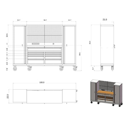 GTools USA 100-Inch Rolling Tool Chest Workstation with Bench Top and Side Cabinets