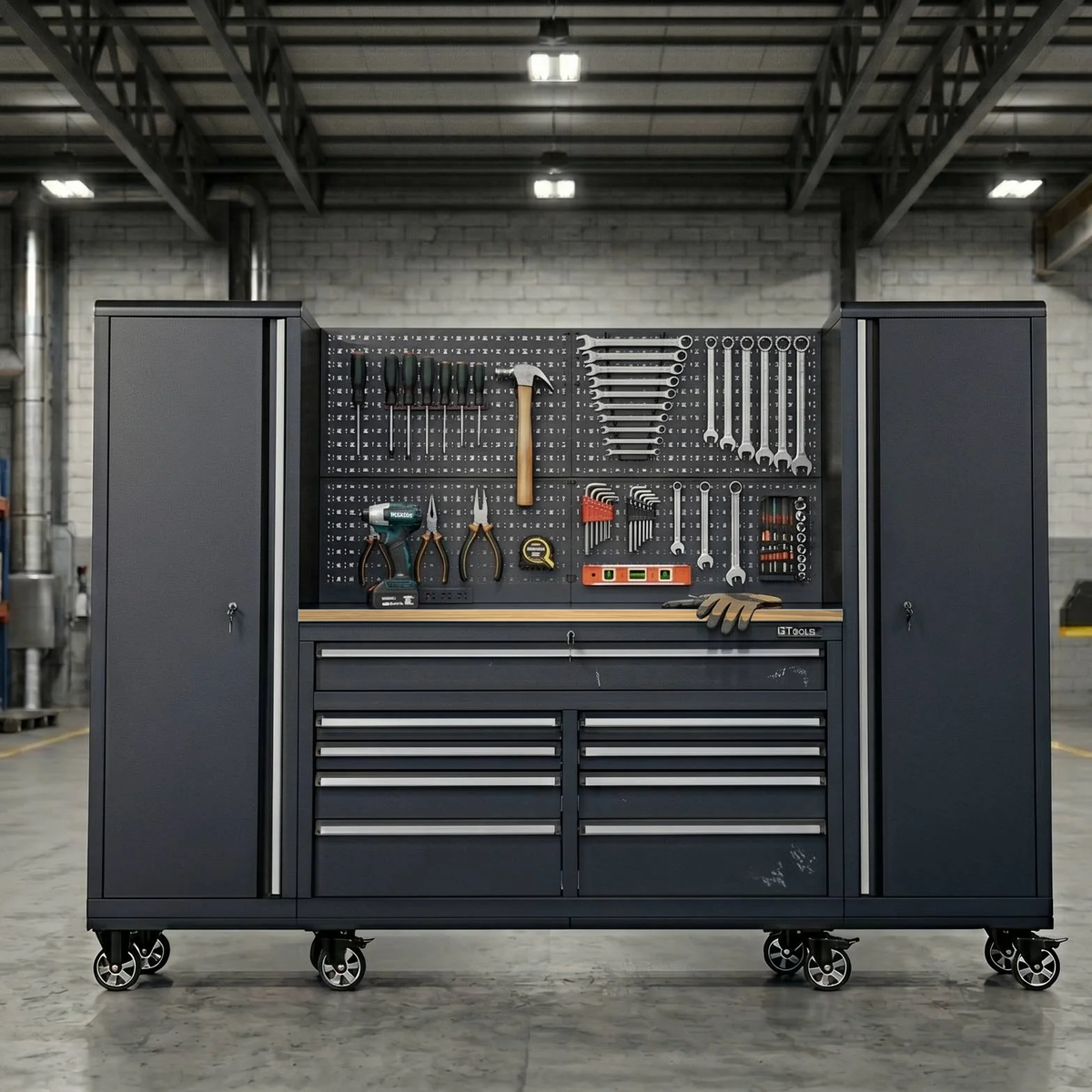 GTools USA 100-Inch Rolling Tool Chest Workstation with Bench Top and Side Cabinets