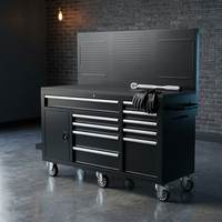 Heavy-Duty 62 In. W X 22 In. D 10-Drawer Black Tool Chest Mobile Workbench Cabinet with Pegboard Back Wall — Studio Shot