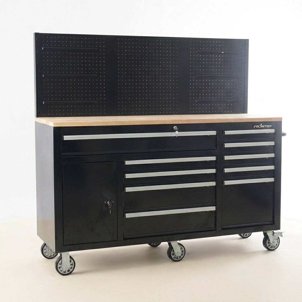Heavy-Duty 62 In. W X 22 In. D 10-Drawer Black Tool Chest Mobile Workbench Cabinet with Pegboard Back Wall — Studio Shot