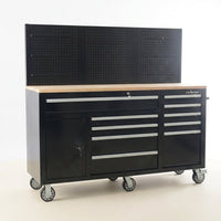 Heavy-Duty 62 In. W X 22 In. D 10-Drawer Black Tool Chest Mobile Workbench Cabinet with Pegboard Back Wall — Studio Shot