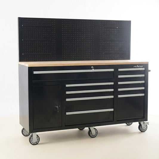 Heavy-Duty 62 In. W X 22 In. D 10-Drawer Black Tool Chest Mobile Workbench Cabinet with Pegboard Back Wall — Studio Shot