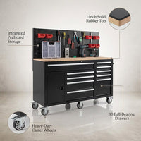 Heavy-Duty 62 In. W X 22 In. D 10-Drawer Black Tool Chest Mobile Workbench Cabinet with Pegboard Back Wall — infographic
