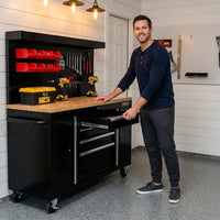 Heavy-Duty 62 In. W X 22 In. D 10-Drawer Black Tool Chest Mobile Workbench Cabinet with Pegboard Back Wall — Lifestyle