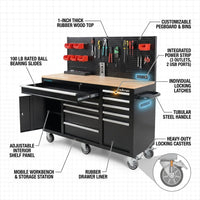 Heavy-Duty 62 In. W X 22 In. D 10-Drawer Black Tool Chest Mobile Workbench Cabinet with Pegboard Back Wall — How It Works