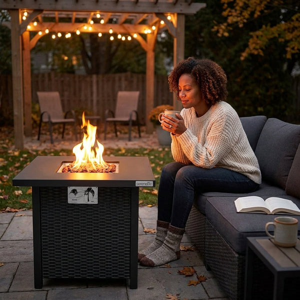 Outdoor Fire Pit Table Built for Year-Round Use, 40,000 BTU Propane, Square Metal Design, 28 Inch