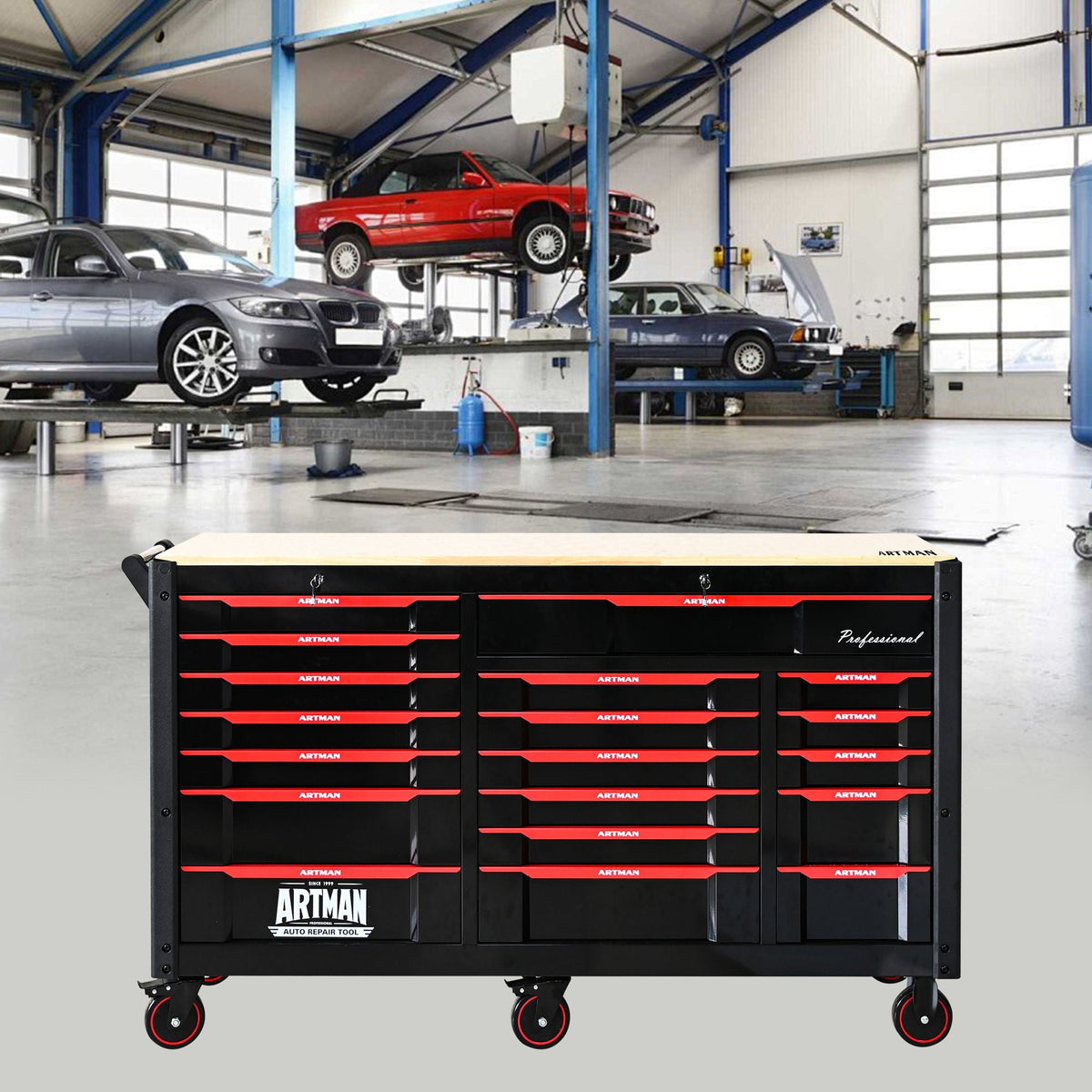 ARTMAN 19-Drawer Heavy-Duty Mobile Tool Cart, Black and Red