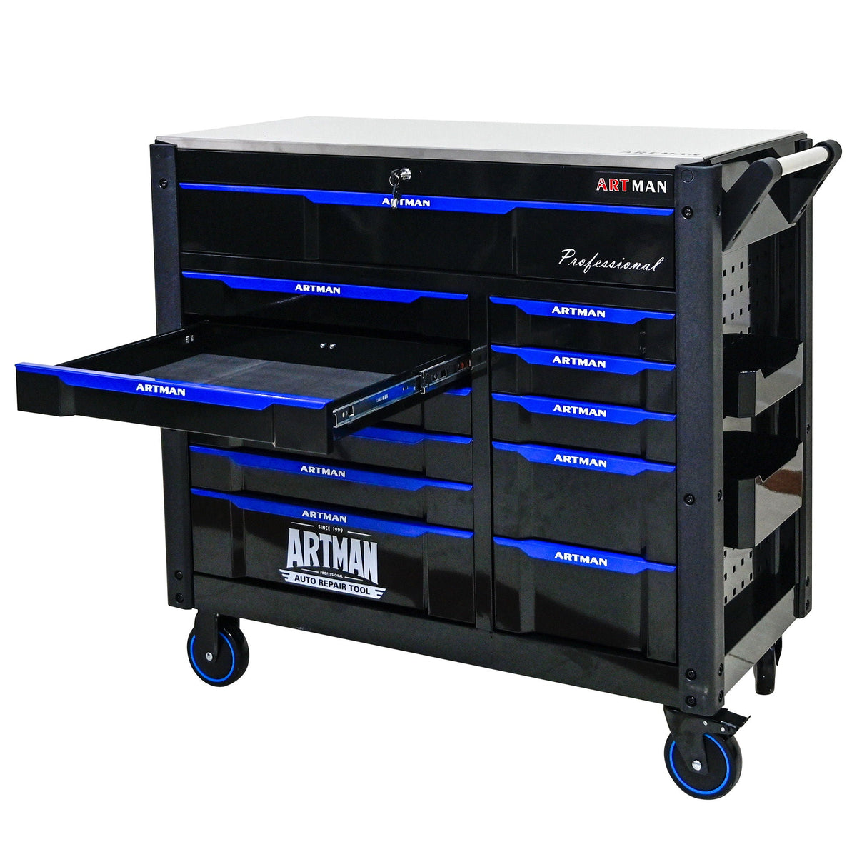 ARTMAN 12-Drawer Multi-Purpose Tool Cart with Wheels, Iron Top, Black and Blue