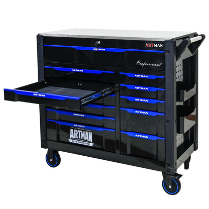 ARTMAN 12-Drawer Multi-Purpose Tool Cart with Wheels, Iron Top, Black and Blue