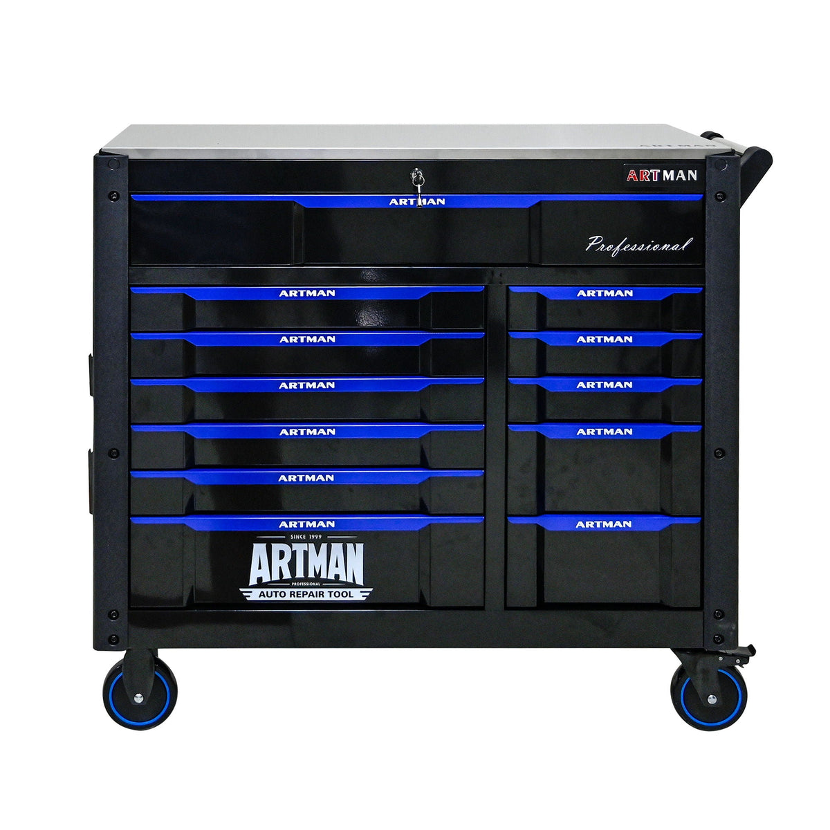 ARTMAN 12-Drawer Multi-Purpose Tool Cart with Wheels, Iron Top, Black and Blue