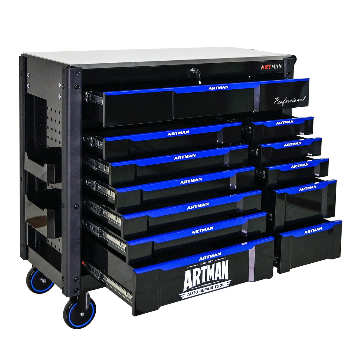 ARTMAN 12-Drawer Multi-Purpose Tool Cart with Wheels, Iron Top, Black and Blue