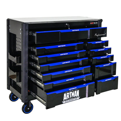 ARTMAN 12-Drawer Multi-Purpose Tool Cart with Wheels, Iron Top, Black and Blue