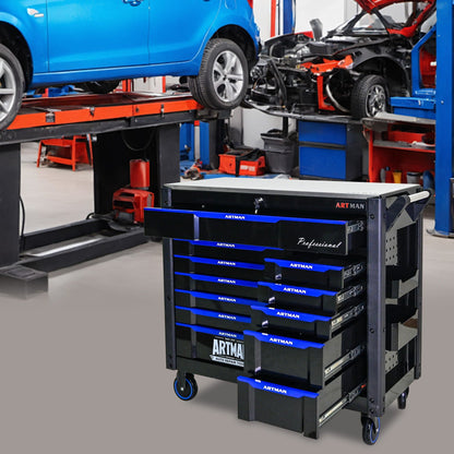 ARTMAN 12-Drawer Multi-Purpose Tool Cart with Wheels, Iron Top, Black and Blue