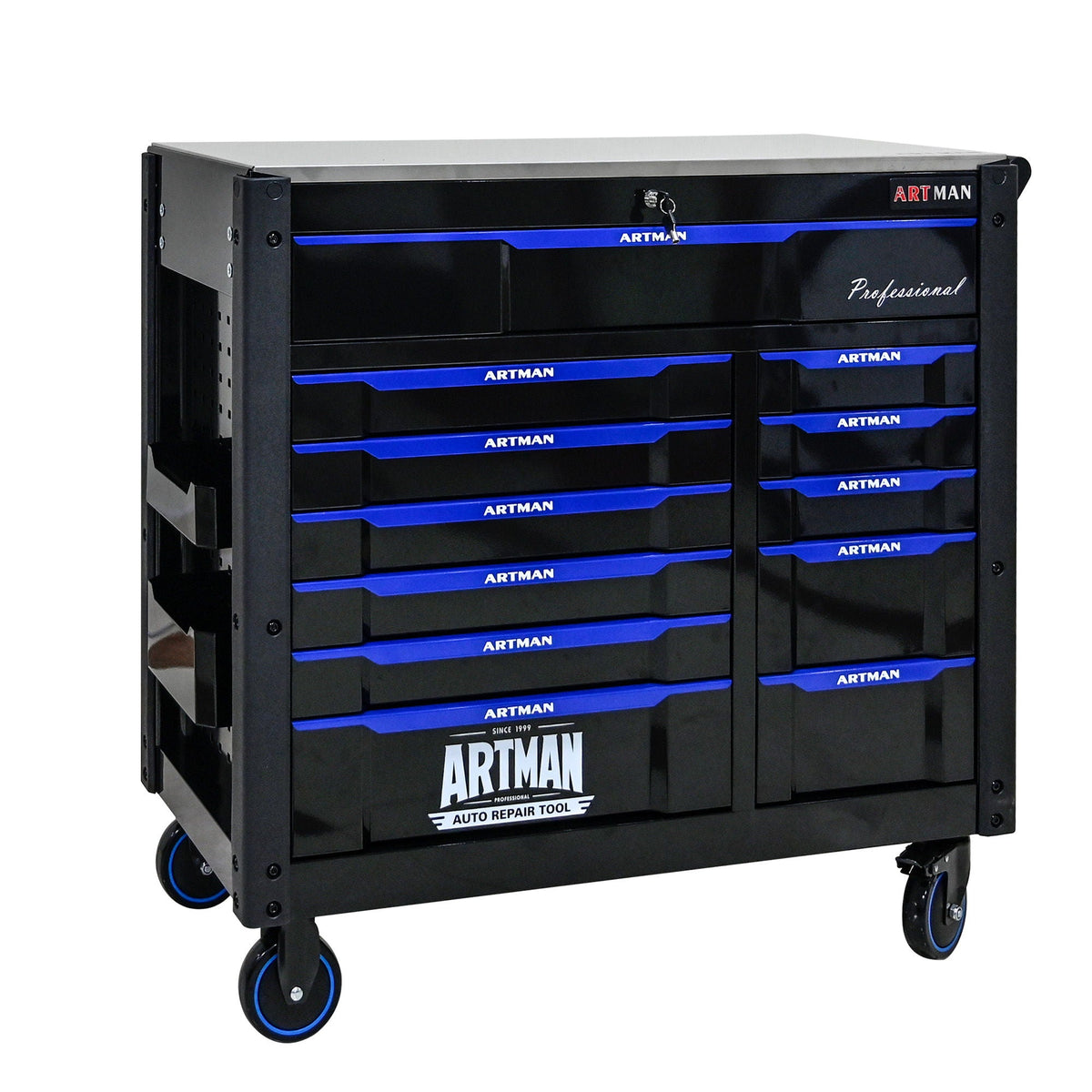 ARTMAN 12-Drawer Multi-Purpose Tool Cart with Wheels, Iron Top, Black and Blue