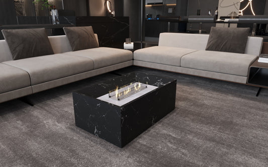 MEG Custom Marble Black Marble Coffee Table with Built-In Fireplace