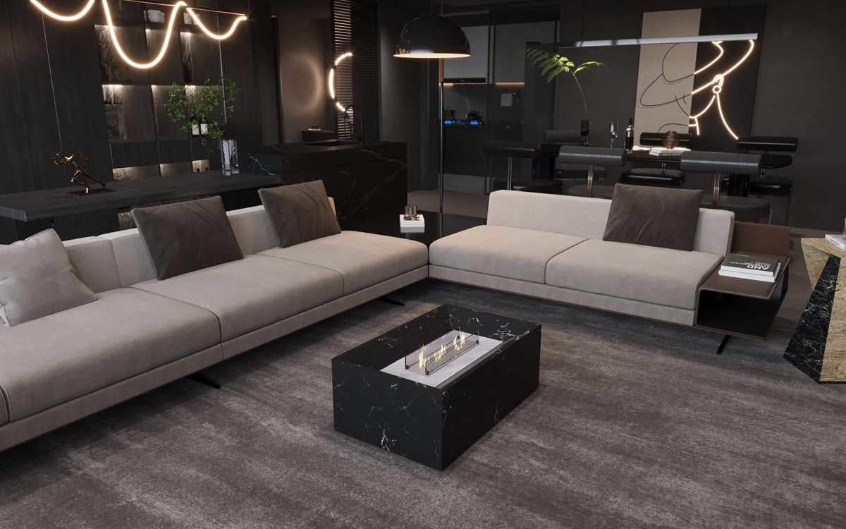 MEG Custom Marble Black Marble Coffee Table with Built-In Fireplace