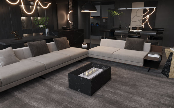 MEG Custom Marble Black Marble Coffee Table with Built-In Fireplace
